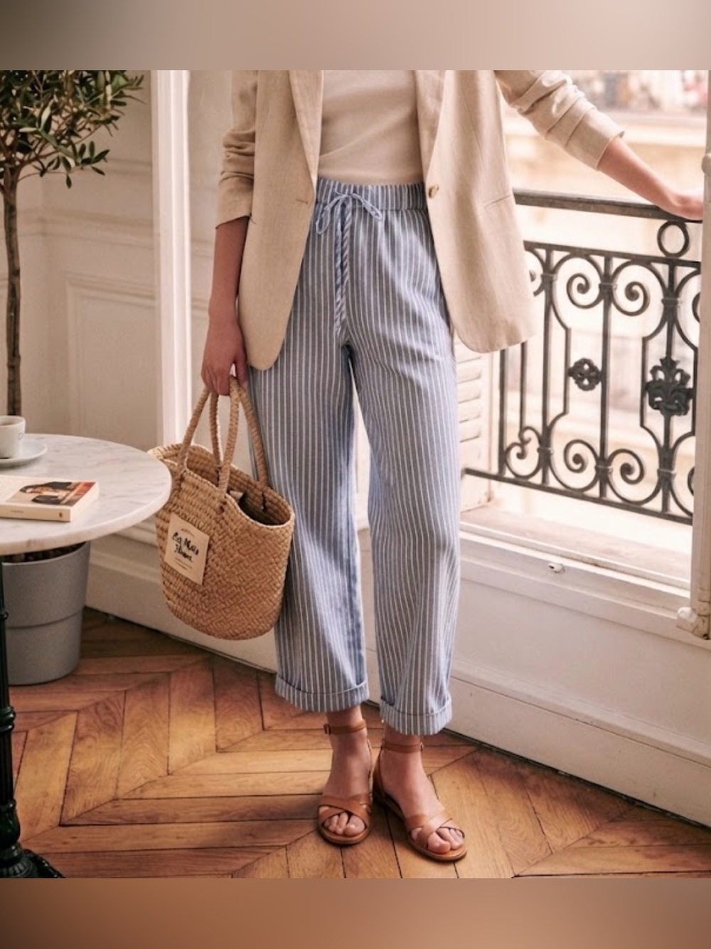 Sézane-Inspired Striped Cotton-Linen Blend Trousers, Size S